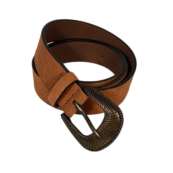 Express Tan Suede Leather Bronze Buckle Classic Boho Belt Womens Size Large - Picture 1 of 3